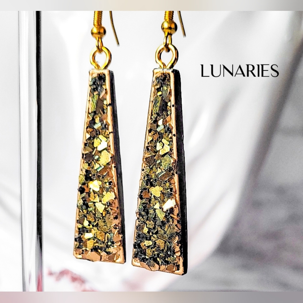 Black & Gold Druzy Resin Earrings, Sparkling Drops, Hypoallergenic #501